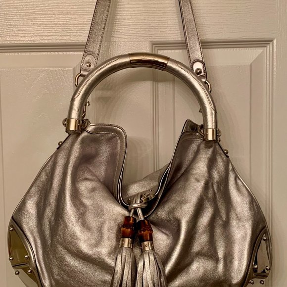 GUCCI Metallic Calfskin Large Indy Top Handle Hobo Silver - Picture 8 of 11